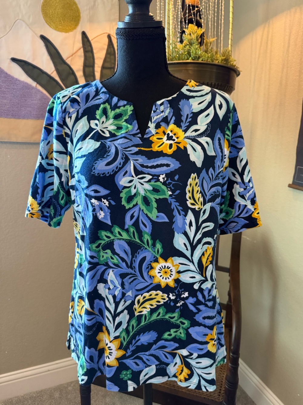 Croft & Barrow Navy Floral Cotton Top with Blue, Green & Yellow